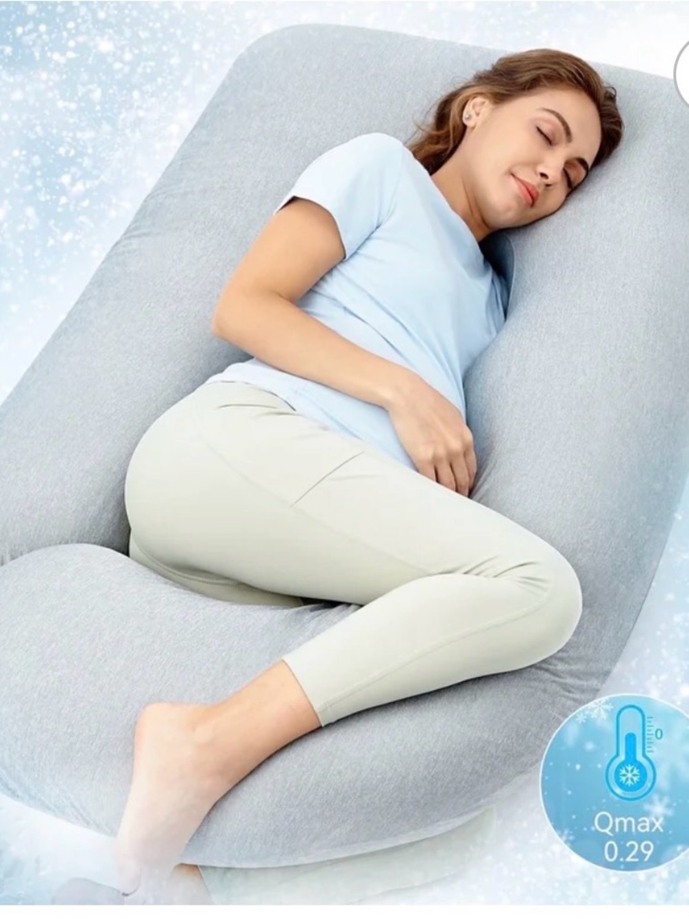 Momcozy U-shaped Cooling Body Pillow - Light Gray Full-Body Support